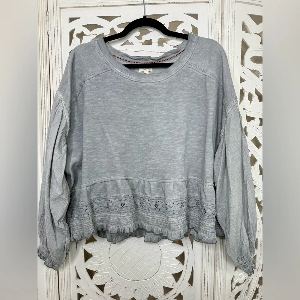 Pilcro Cropped Babydoll Blue/Gray Ruffle Sweatshirt - Picture 2 of 7